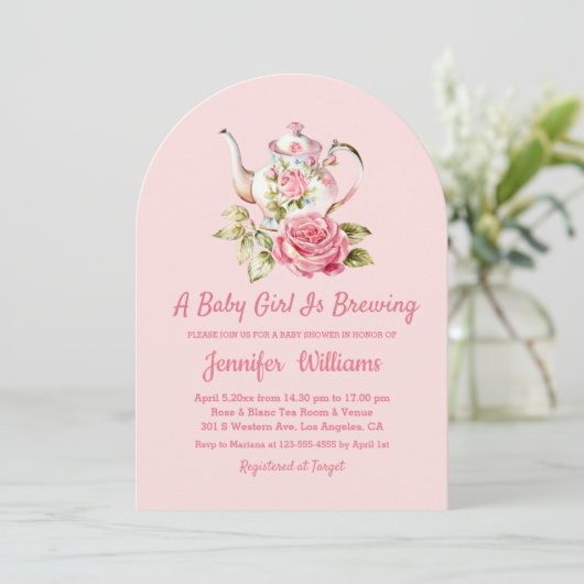 Elegant Modern Pink Arch Tea Party baby shower Kaart (Staand voorkant)