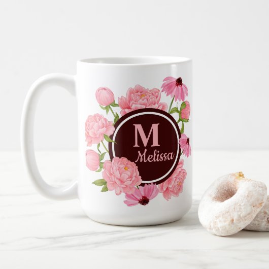 Elegant Modern Pink Peony Waterverf Floral Koffiemok (Met donut)