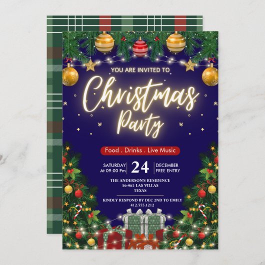Elegant Modern Plaid Green Christmas Party Kaart (Voorkant / Achterkant)