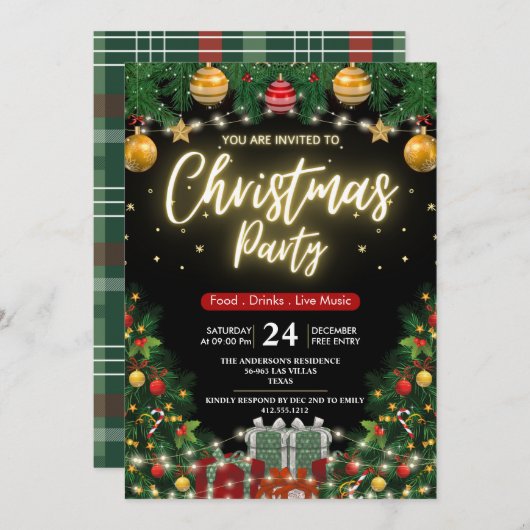Elegant Modern Plaid Green Christmas Party  Kaart (Voorkant / Achterkant)