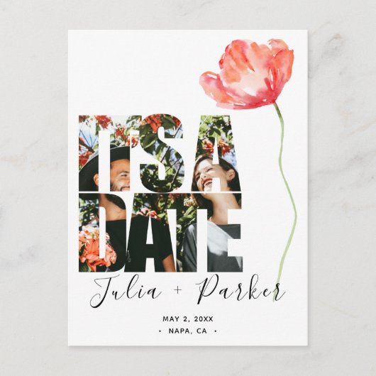 Elegant Modern Poppy Red Wedding Sla de datum op Aankondigingskaart (Voorkant)