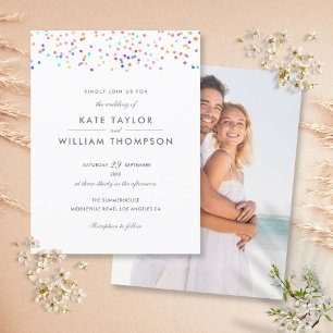 Elegant Modern Rainbow Confetti Photo Wedding Uitnodiging Briefkaart