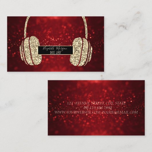 Elegant Modern Red Bokeh Glitter Headphone DJ Visitekaartje (Voorkant / Achterkant)