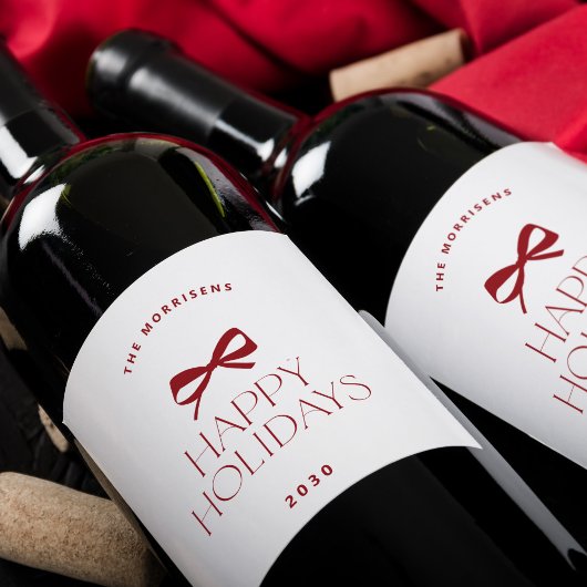 Elegant modern red bow Christmas holiday Wijn Etiket