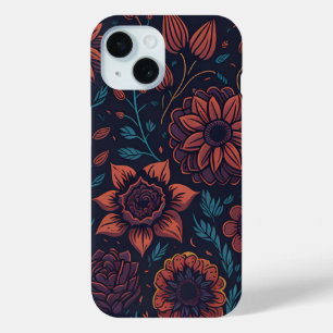 Elegant  Modern Red en Blue Dark Floral Art iPhone 15 Case