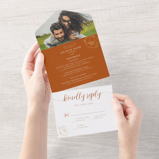 Elegant Modern Red Gold Floral Foto Weddenschap RS All In One Uitnodiging (Afscheurbaar)