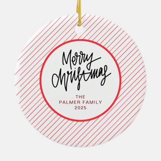 Elegant Modern Red Stripes Christmas Family Photo Keramisch Ornament (Achterkant)