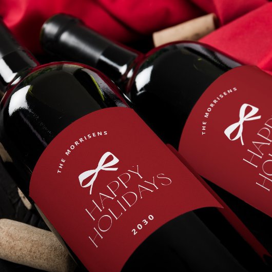 Elegant modern red white bow Christmas holiday Wijn Etiket