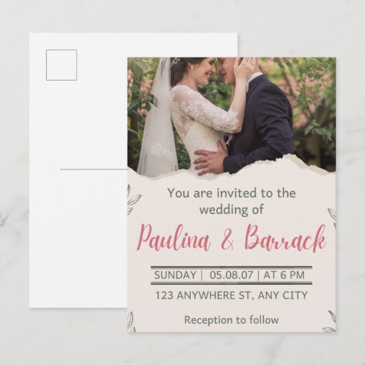 Elegant modern romantisch minimalistisch fotohuwel uitnodiging briefkaart (Voorkant / Achterkant)