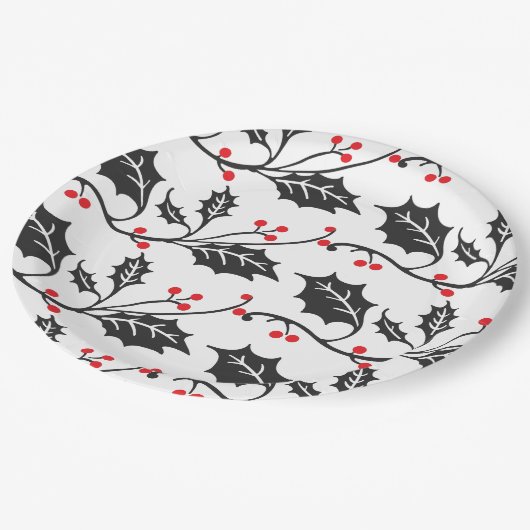 Elegant modern rood en zwart Holly Pattern Papieren Bordje (Gekanteld)