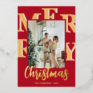 Elegant Modern Rood Foto Merry Christmas Script Folie Feestdagenkaart