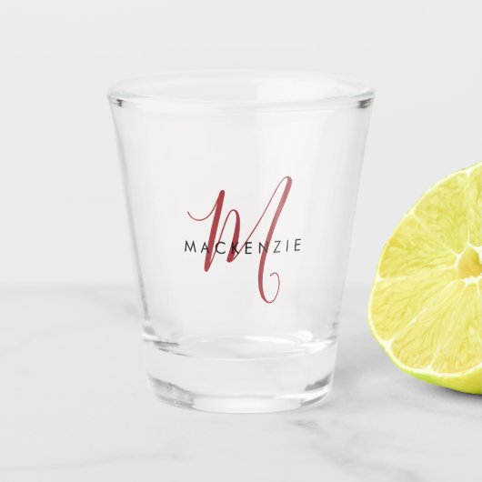 Elegant modern rood Script monogram Shot Glas (Voorkant)