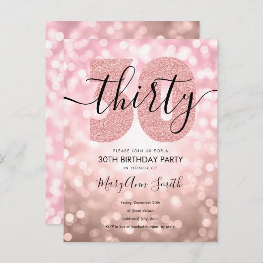 Elegant modern Roos Gold 30e verjaardag Uitnodiging Briefkaart (Voorkant / Achterkant)