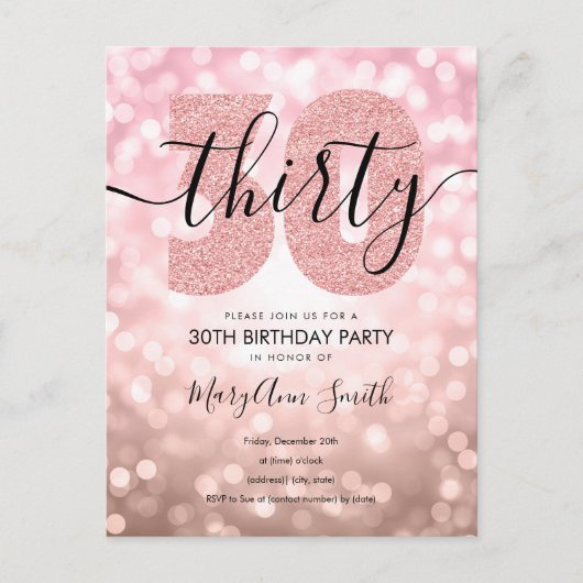 Elegant modern Roos Gold 30e verjaardag Uitnodiging Briefkaart (Voorkant)