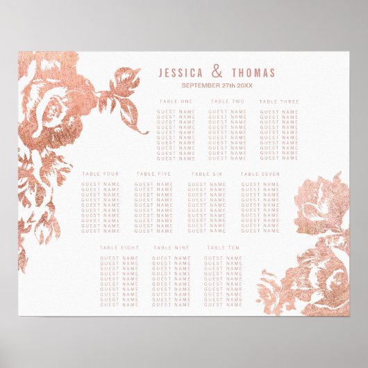 Elegant modern Roos Gold Floral Seating Chart Poster (Voorkant)