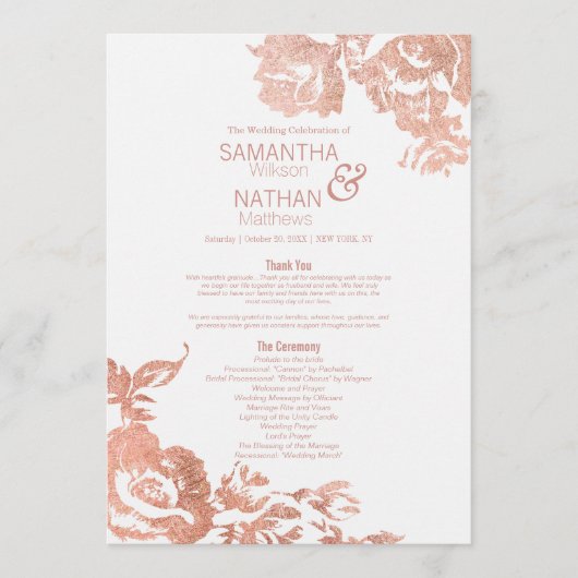 Elegant modern Roos Gold Floral Wedding Programmakaart (Voorkant)