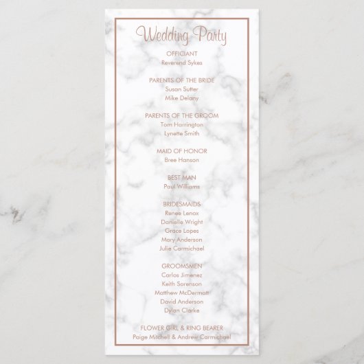 Elegant modern Roos Gold Marble Wedding Programmakaart (Achterkant)