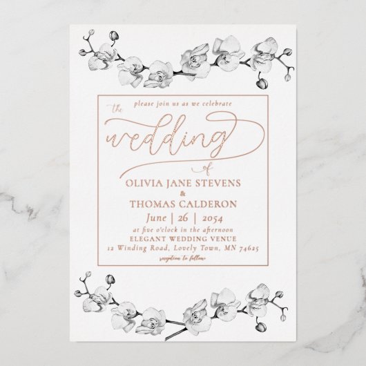 Elegant modern Roos Gold Orchids Romantic Wedding Folie Uitnodiging (Voorkant)