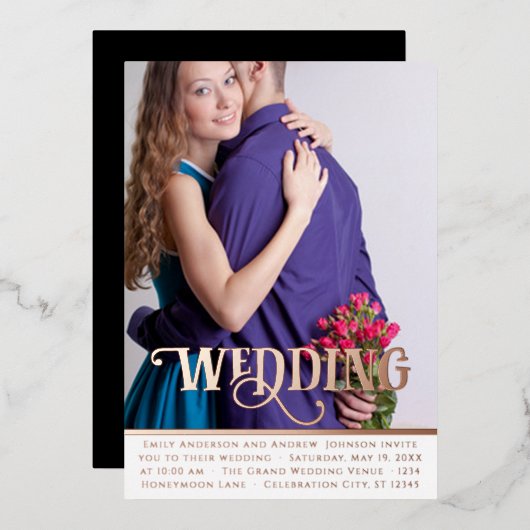 Elegant  modern Roos Gold Photo Wedding Foi Folie Uitnodiging (Voorkant / Achterkant)