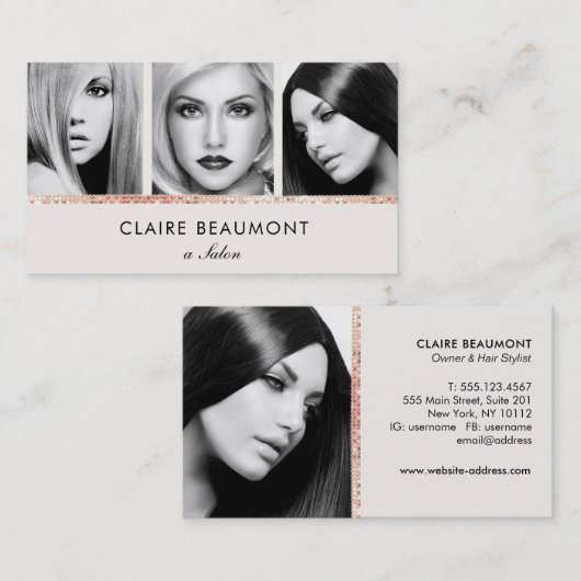 Elegant modern Roos Gold Sequin Salon 3-fotokaart Visitekaartje (Voorkant / Achterkant)