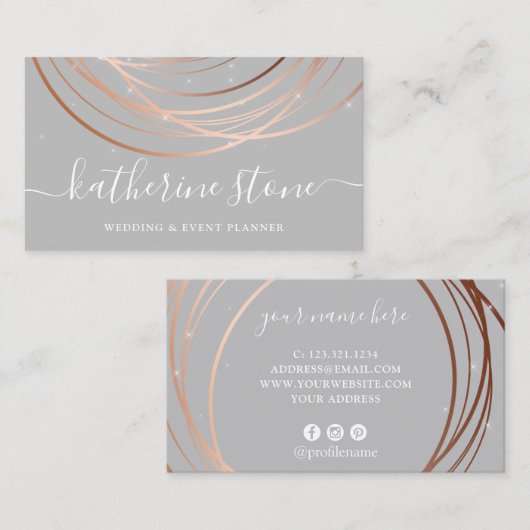 Elegant modern roos goud- en grijze gebeurtenispla visitekaartje (Voorkant / Achterkant)