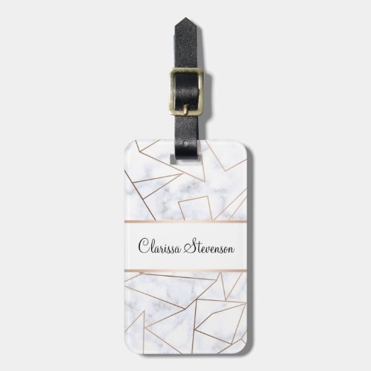elegant modern roos goud geometrische witte marmer bagagelabel (Voorkant verticaal)