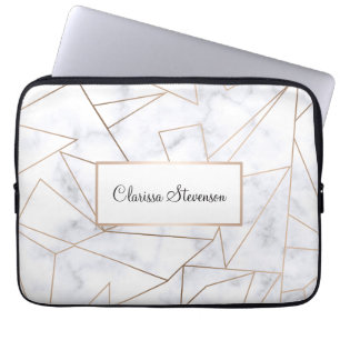 elegant modern roos goud geometrische witte marmer laptop sleeve