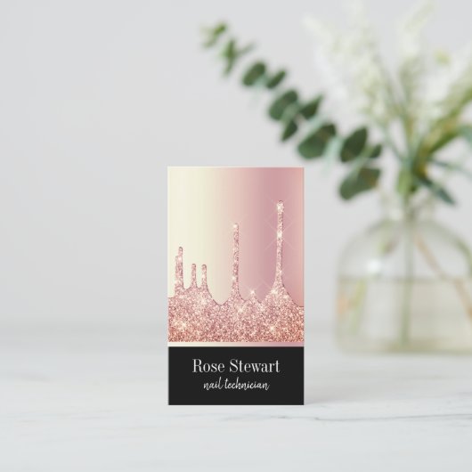 Elegant modern roos goud glitter druppelt spijkers visitekaartje (Staand voorkant)