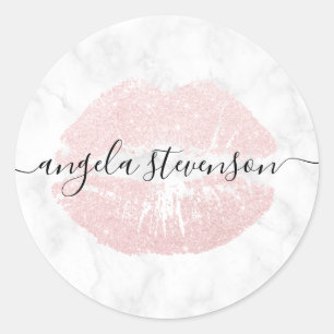 Elegant modern roos goud glitter lippen witte marm ronde sticker