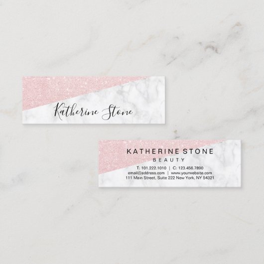 Elegant modern roos goud glitter & witte marmer mini visitekaartje (Voorkant / Achterkant)