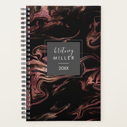 Elegant modern roos goud zwarte marmer planner (Voorkant)