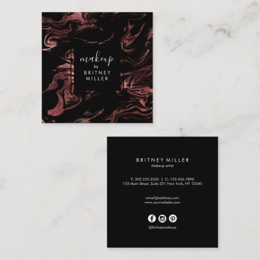 Elegant modern roos goud zwarte marmer vierkante visitekaartje (Voorkant / Achterkant)