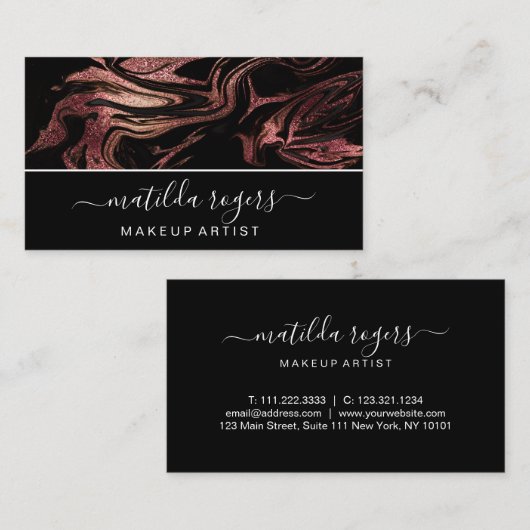 Elegant modern roos goud zwarte marmer visitekaartje (Voorkant / Achterkant)