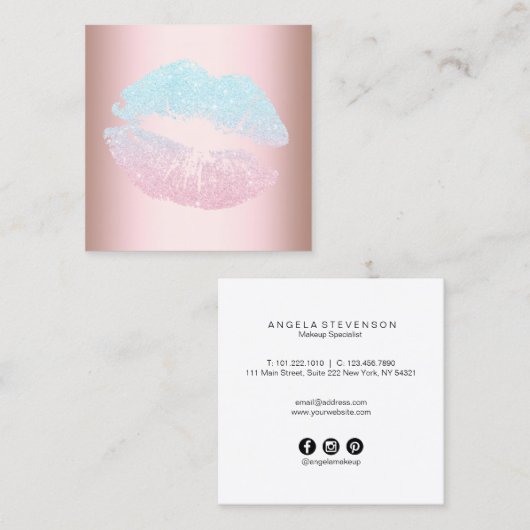 Elegant modern roos goudblauw glitter lippen make- vierkante visitekaartje (Voorkant / Achterkant)