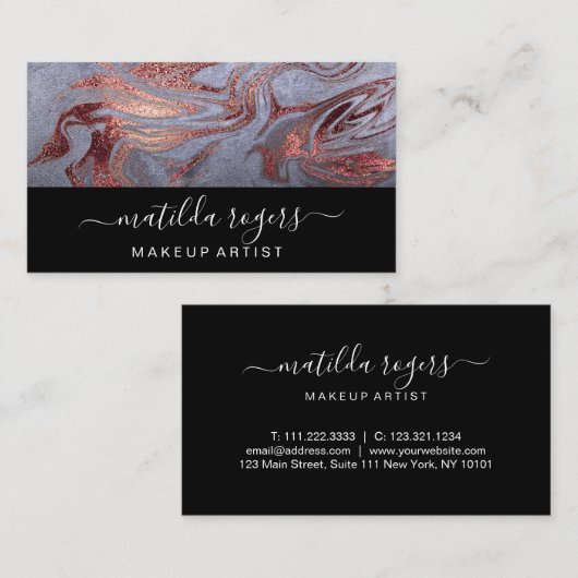 Elegant modern roos goudblauw marmer visitekaartje (Voorkant / Achterkant)