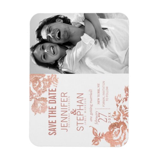 Elegant Modern Roos Gouden Bloemen Save the Dates Magneet (Verticaal)