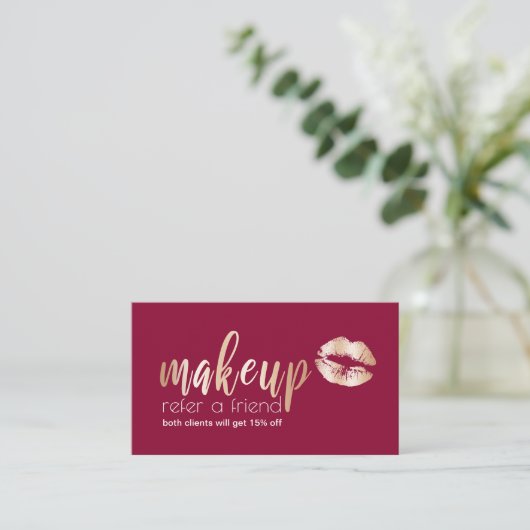 Elegant modern roos gouden lippen en make-up aanbevelingskaartje (Staand voorkant)