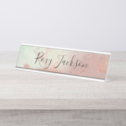 Elegant modern roos gouden waterverf kleurrijk bureau naambordje (Voorkant)