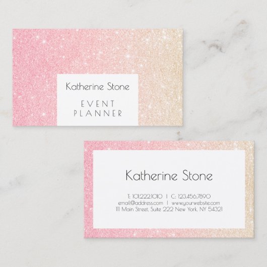 Elegant modern roos goudglitter-evenementsplanner visitekaartje (Voorkant / Achterkant)