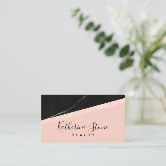 Elegant modern roos goudglitter zwarte marmer visitekaartje (Staand voorkant)