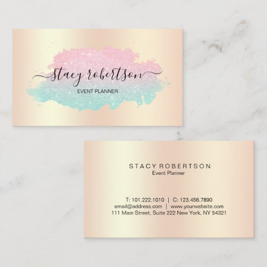 Elegant modern roos goudglitterplanner visitekaartje (Voorkant / Achterkant)