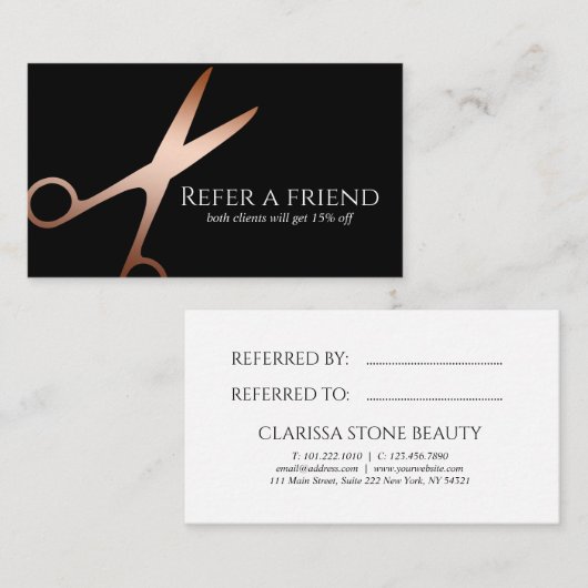 Elegant modern roos goudschaar aanbevelingskaartje (Voorkant / Achterkant)