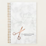 Elegant modern roos goudschaar planner<br><div class="desc">Moderne en elegante vormgeving voor haarstylists met faux roos gold scissors,  elegant calligrafielettertype en witte marmer background.</div>