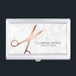 Elegant modern roos goudschaar visitekaarthouder<br><div class="desc">Moderne en elegante vormgeving voor haarstylists met faux roos gold scissors,  white marble en elegant calligraphy font.</div>