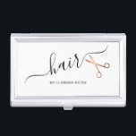 Elegant modern roos goudschaar visitekaarthouder<br><div class="desc">Moderne en elegante vormgeving voor haarstylists met faux roos gold scissors en elegant calligrafielettertype.</div>