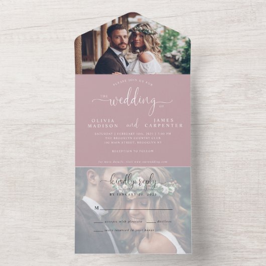 Elegant modern Roos Script 2 Fotobruiloft All In One Uitnodiging (Binnen)