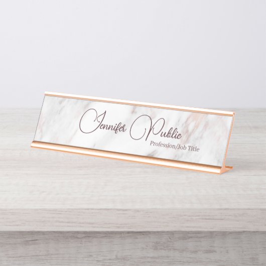 Elegant Modern Rose Gold Marble Handwritten Script Bureau Naambordje (Voorkant)