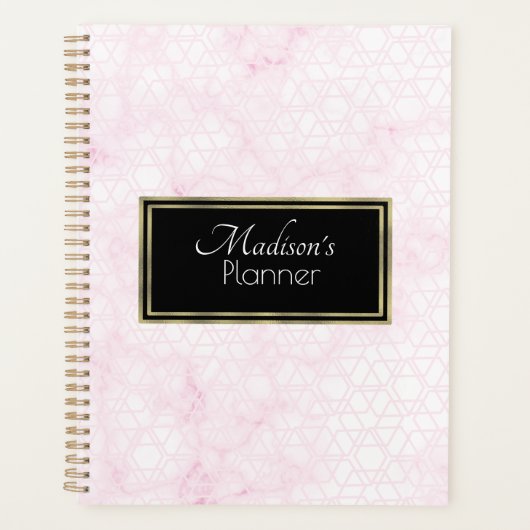 Elegant Modern Roze Abstract Marmeren Naam Goud Planner (Voorkant)