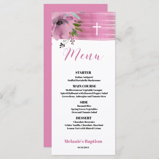 Elegant Modern Roze Baptisme 4x9 flat-menkkaart Menu (Voorkant / Achterkant)