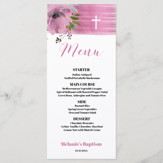 Elegant Modern Roze Baptisme 4x9 flat-menkkaart Menu (Voorkant)